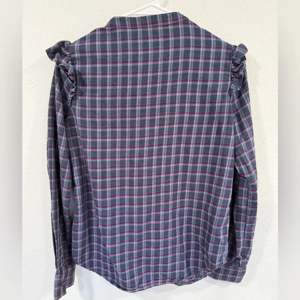 Paige Ruffle Blue Purple Plaid Button Down Flannel Shirt XS - Picture 5 of 7